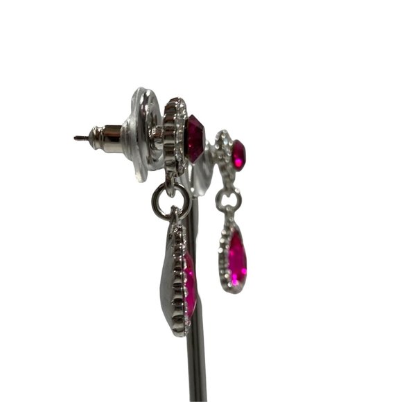 Silver And Fuchsia Crystal Teardrop Dangle Earrings - Picture 4 of 5